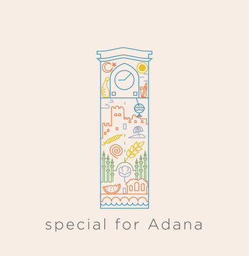 A special icon series for Turkey-Adana. Historical places, sirdan, moon and star, watermelon, bıcı bıcı, beach, adana kebab, turnip juice, related line collage within the castle line.