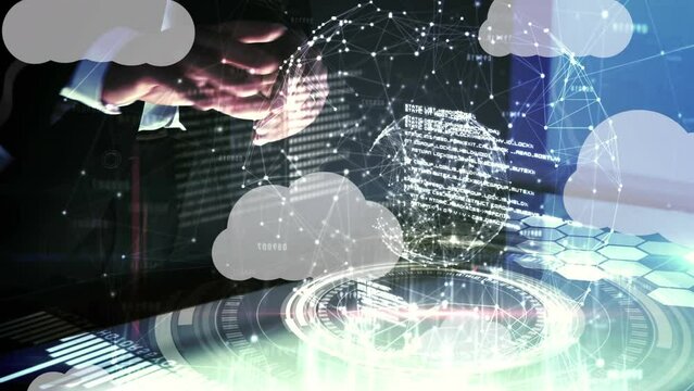 Animation of financial data processing with globe and icons over caucasian businessman