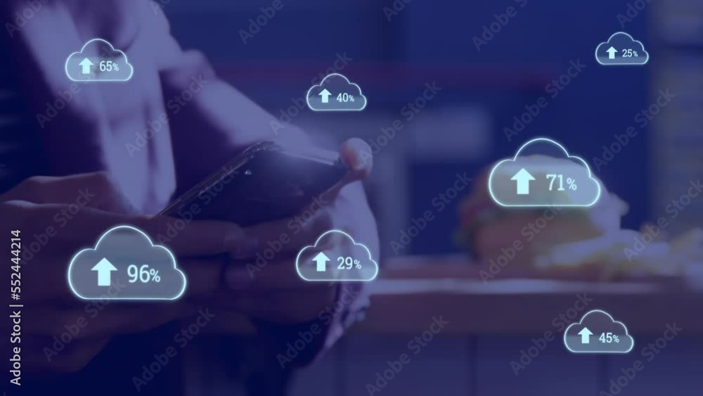Poster animation of cloud icons with increasing percentage against mid section of man using smartphone