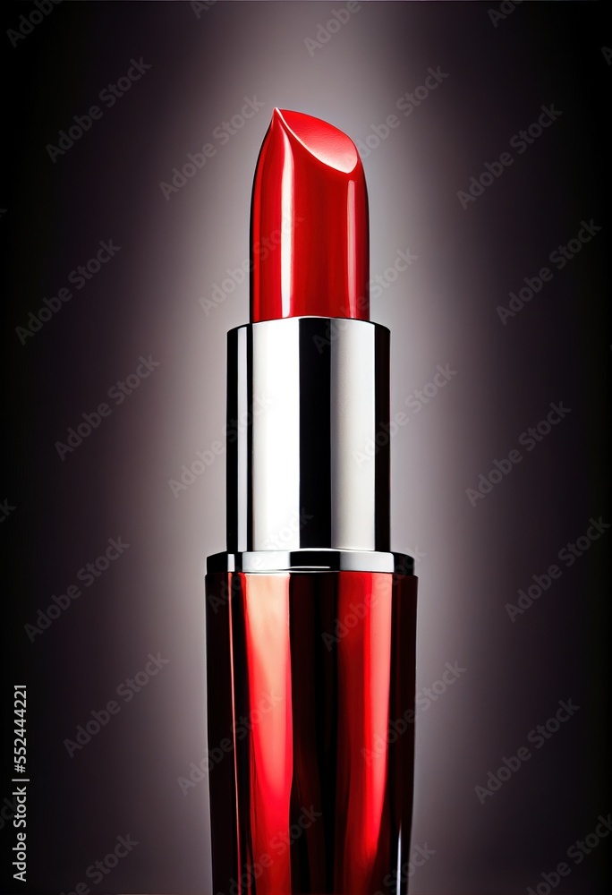 Poster a red lipstick with a silver cap on a table with a black background and a white stripe on the bottom