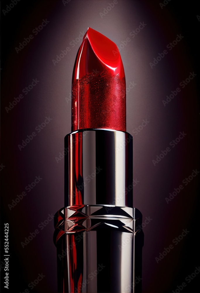 Poster a red lipstick with a shiny surface on a black background with a reflection of the lipstick on the s