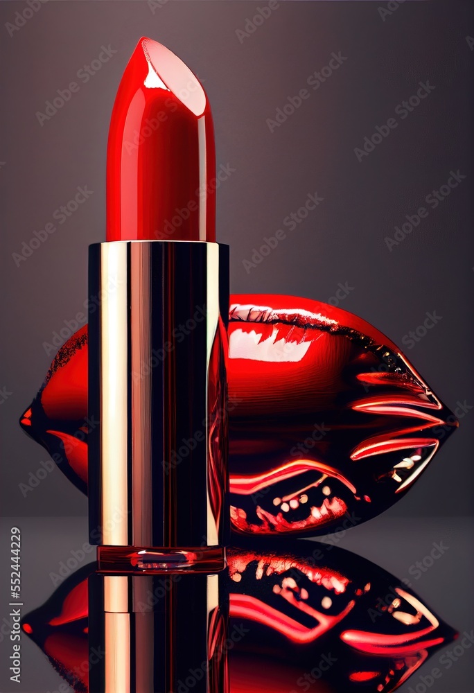 Poster a red lipstick with a shiny surface and a reflection on the surface of the lipstick is shown in the 