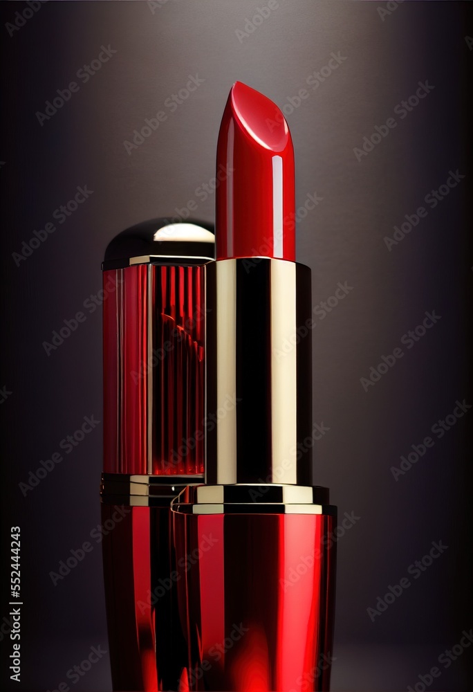Poster a red lipstick with a gold cap on a black background with a reflection of the lipstick on the side. 