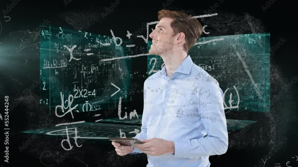 Poster animation of caucasian man using digital tablet against screens with mathematical equations