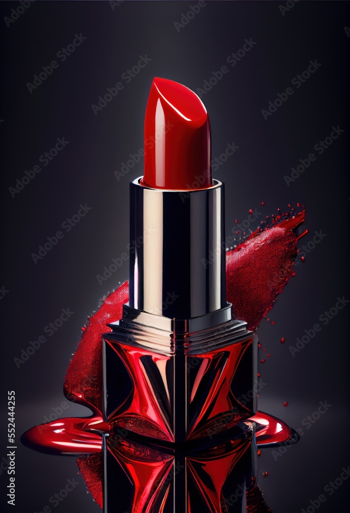 Poster a lipstick with a red liquid splashing on it's side and a black background with a red star. generati