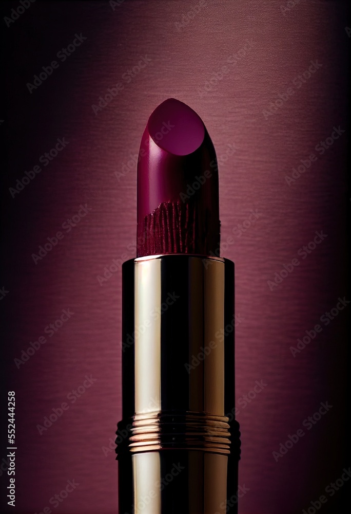 Poster a lipstick with a gold cap on a purple background with a red background behind it and a black base. 