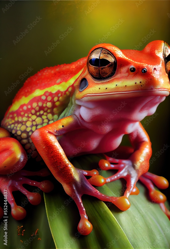 Poster a red frog with a yellow spot on its face and a green leaf in front of it with a green background. g