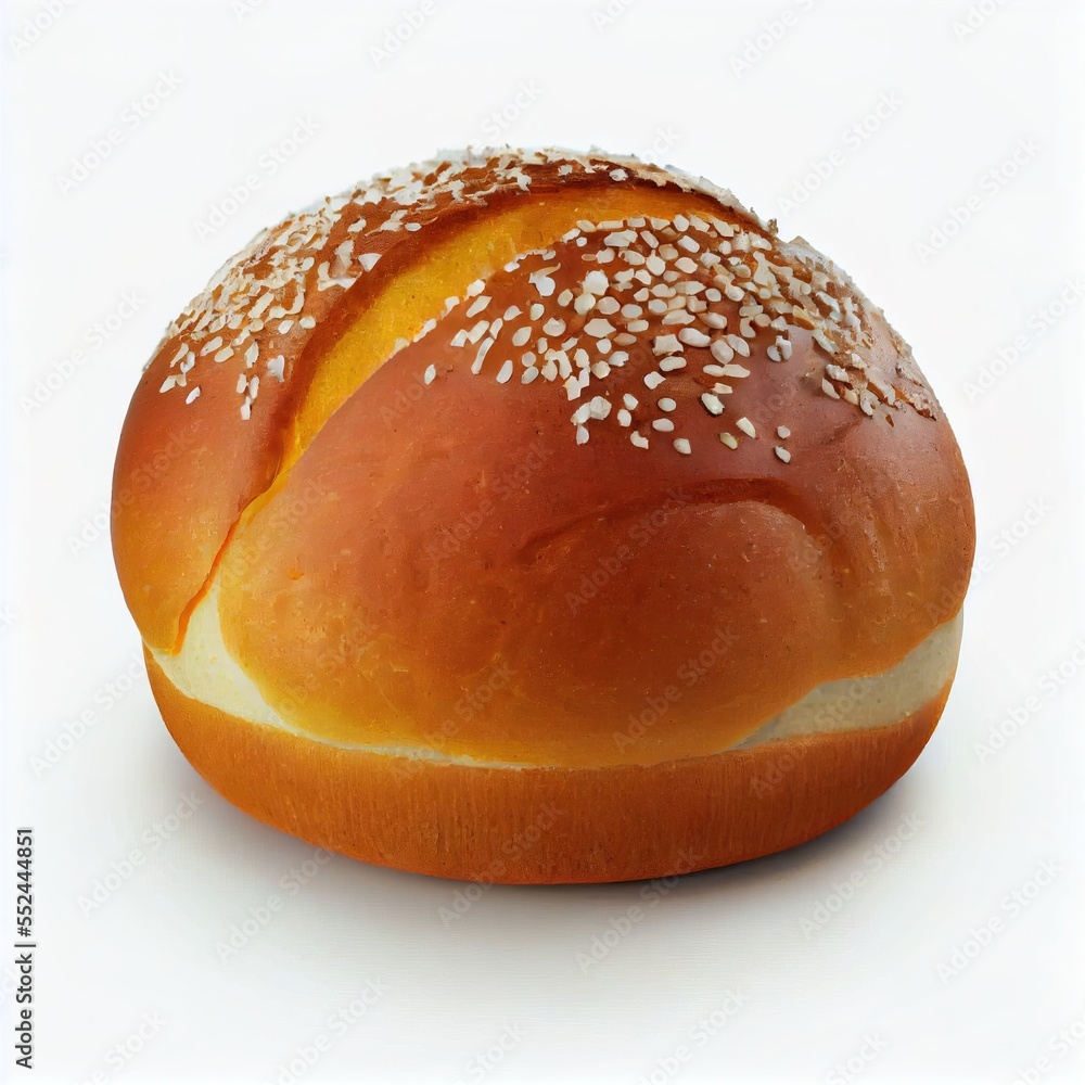 Poster a close up of a bread with sesame seeds on it's side and a bun with sesame seeds on it's side. gener