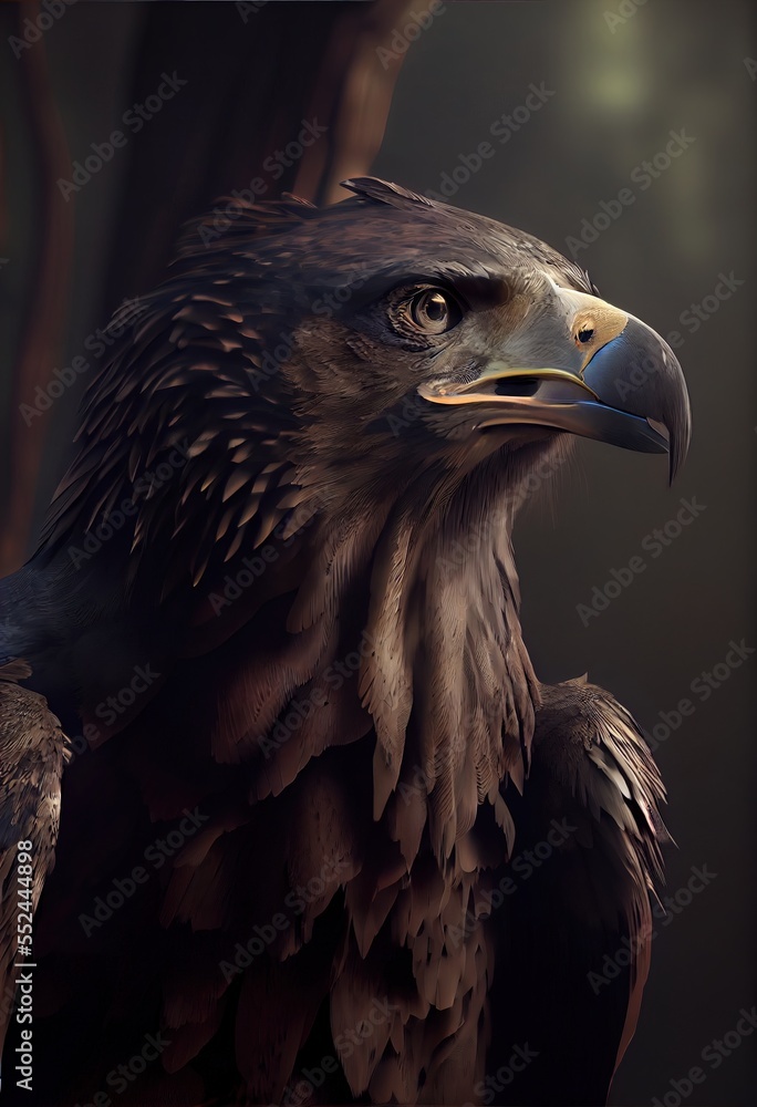 Poster a bird of prey with a large beak and a large head and a long beak. generative ai