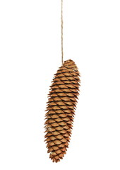 Decorative pine cone hanging from string isolated on white 