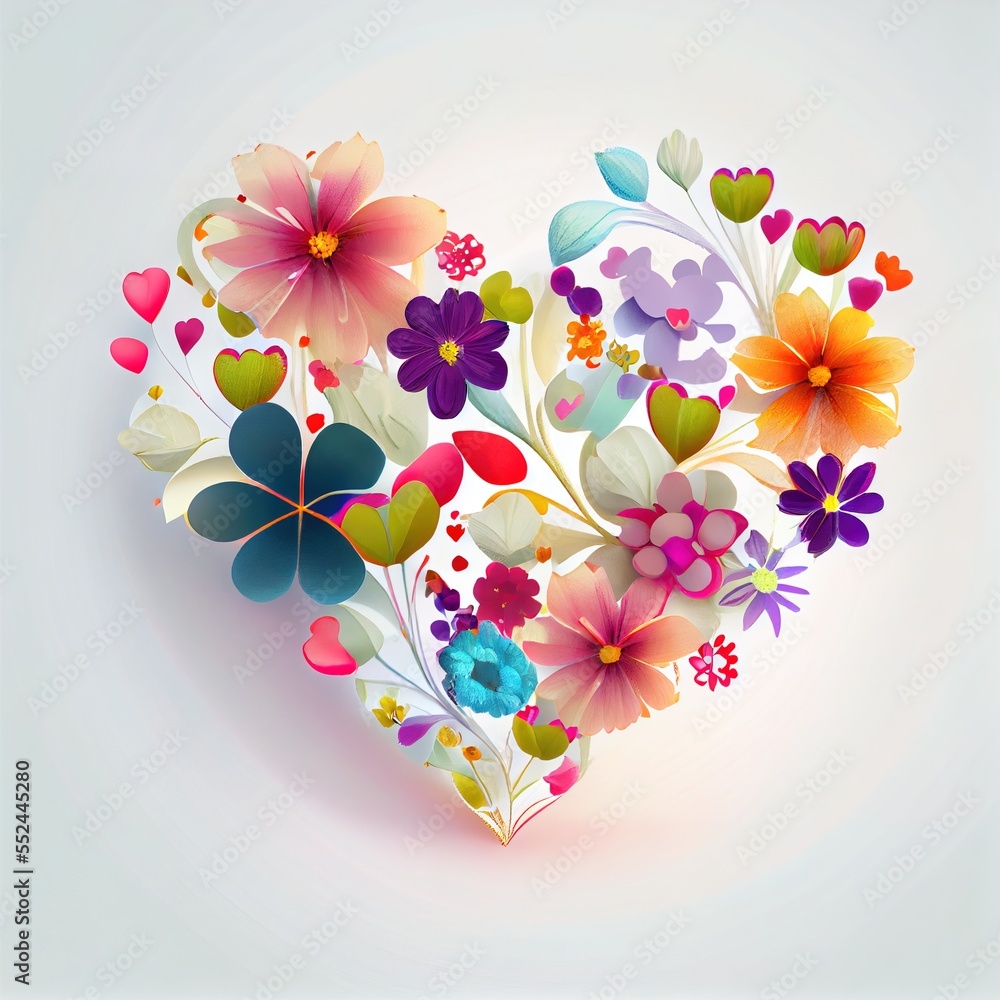 Poster a heart shaped arrangement of flowers on a white background with a shadow of the heart in the center