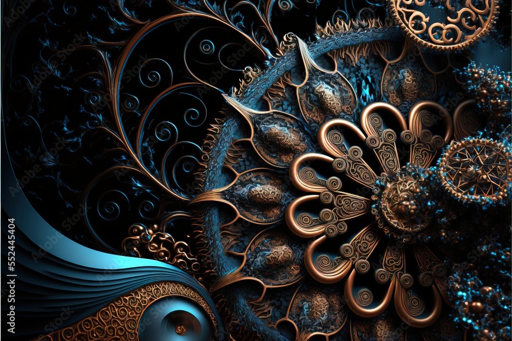 Poster a computer generated image of a flower with intricate designs on it's petals and petals are gold and