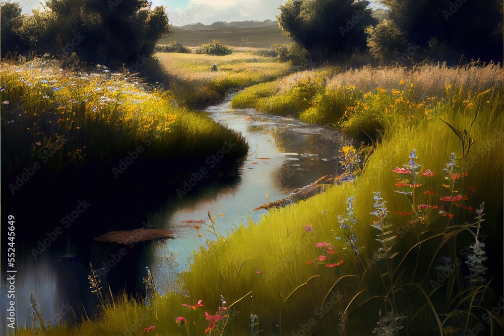 Poster a painting of a river running through a lush green field with wildflowers and trees in the backgroun