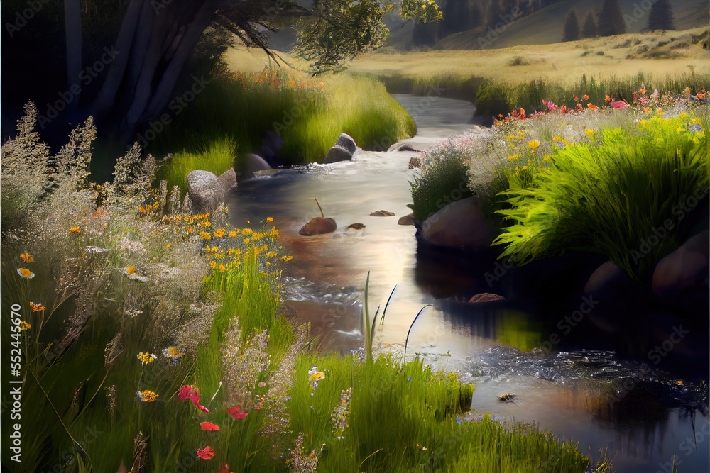 Poster a painting of a stream running through a lush green field with wildflowers and trees in the backgrou