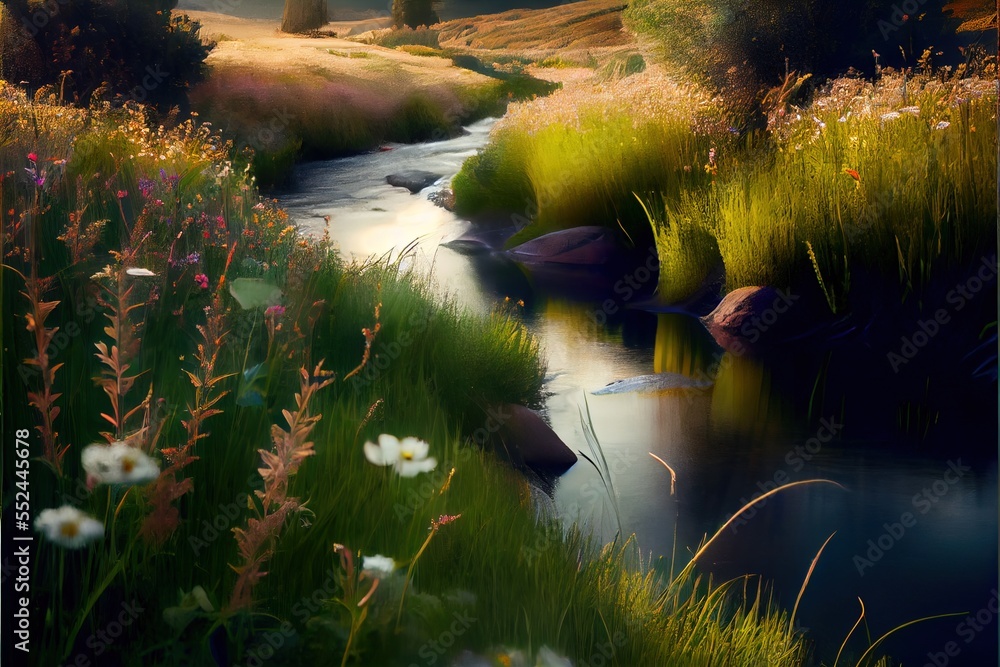 Poster a painting of a river surrounded by grass and flowers with a sky background and a few clouds in the 