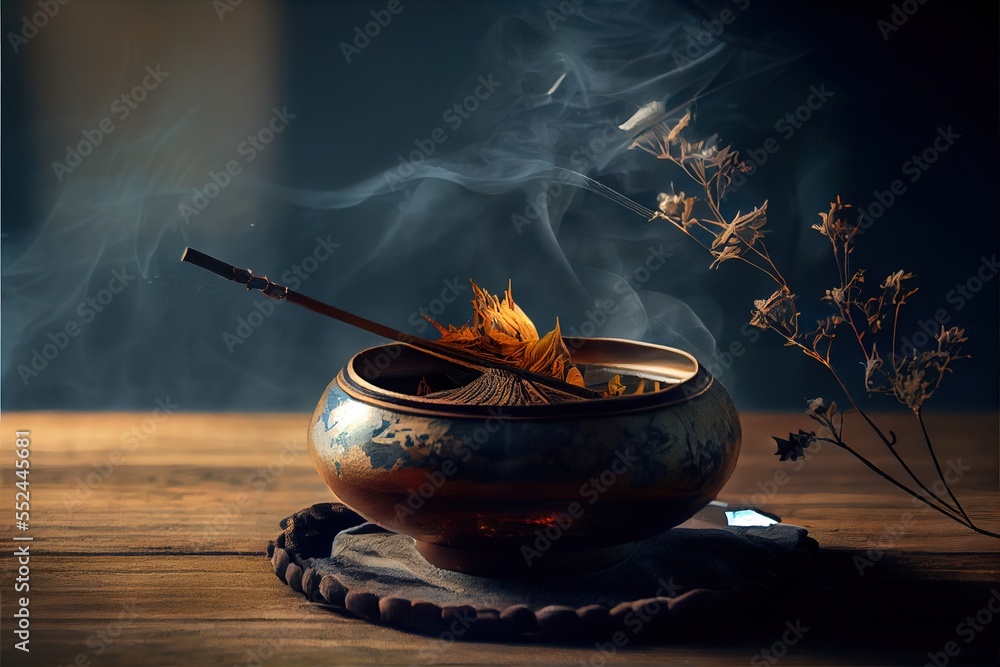 Poster a bowl of smoke with a stick in it on a table with a phone and a plant in it. generative ai