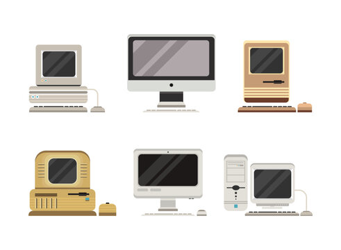 New and Old Retro Computer Device with Monitor Vector Set