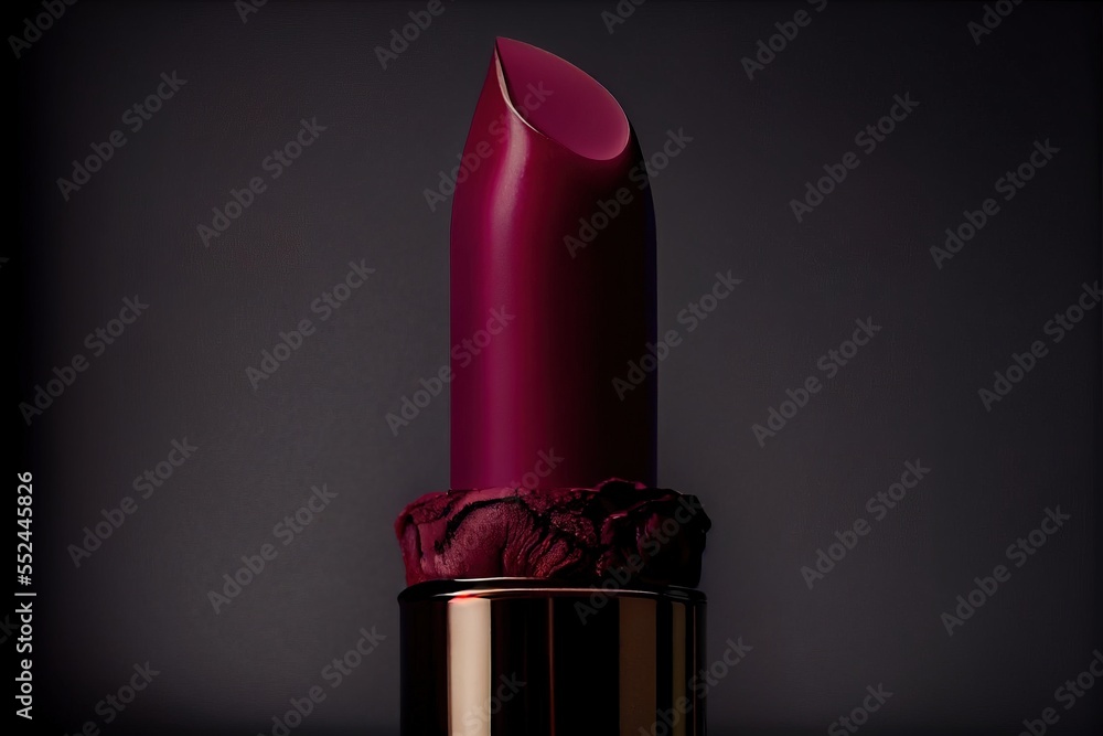 Poster a lipstick with a red lipstick shade on it's side and a gold cap on the top of it. generative ai