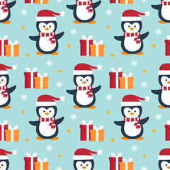 Cute penguins and gift boxes. Christmas pattern. Seamless pattern. Can be used for web page background fill, surface texture