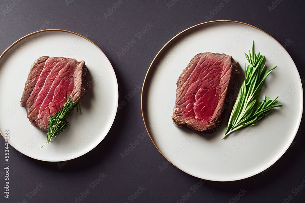 Poster two plates with steak and green beans on them on a table top with a black background and a black tab