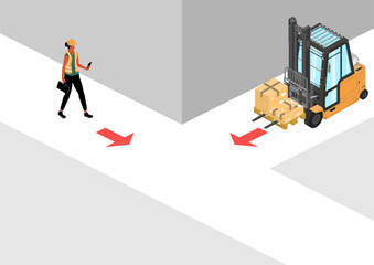 Forklift safety. Blind spot hazard. Isometric illustration with a forklift and a worker just before a possible accident. Vector. - 552446212