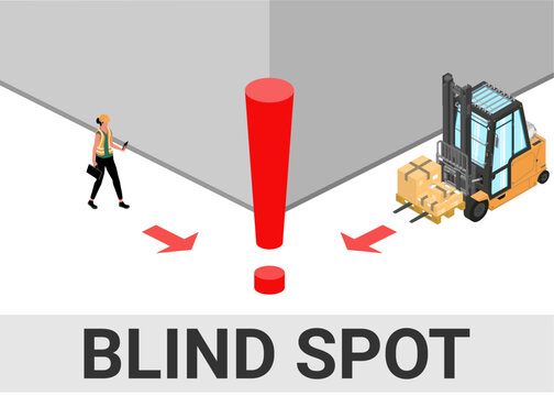 Forklift safety. Blind spot hazard. Isometric illustration with a forklift and a worker just before a possible accident. Vector.
