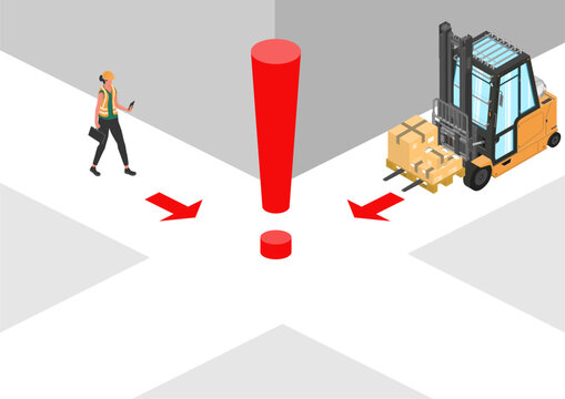 Forklift safety. Blind spot hazard. Isometric illustration with a forklift and a worker just before a possible accident. Vector.