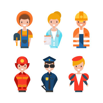 Professions Avatar with Flat Man and Woman as Builder, Doctor, Police Officer, Firefighter and Artist Vector Set