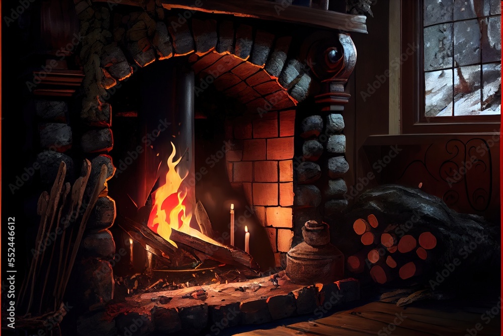 Poster a fire place with a bunch of logs and a fire in it with a red frame around it and a window. generati