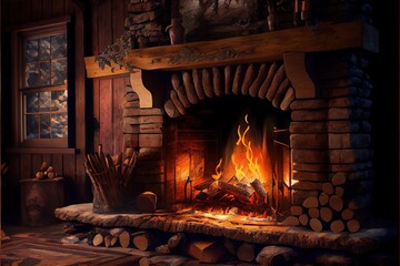  a fireplace with logs and logs around it in a cabin setting with a fire place and a window with a view of the outside. Generative AI - obrazy, fototapety, plakaty