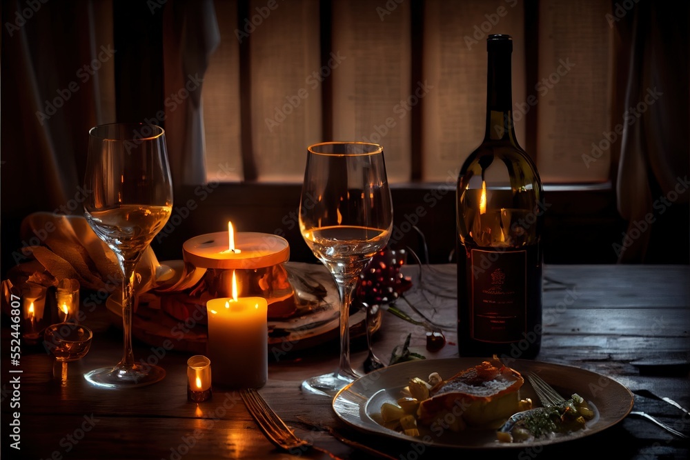 Poster  a table with a plate of food and a bottle of wine on it with candles in the middle of it. Generative AI