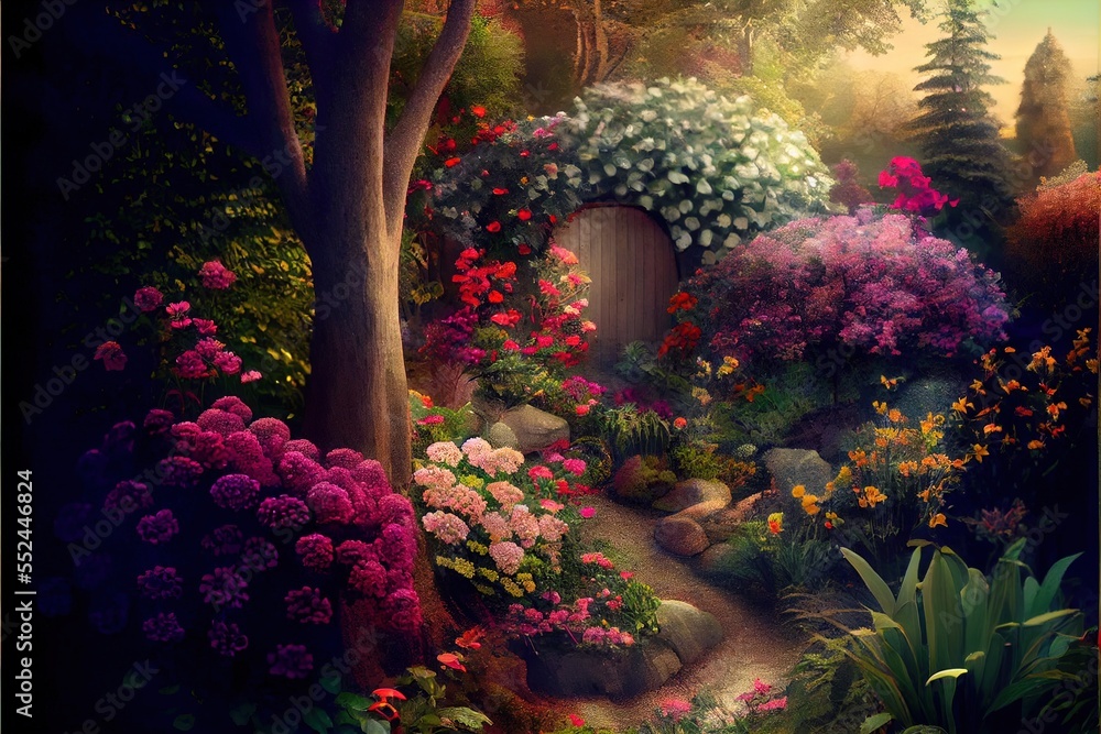 Poster a painting of a garden with a hobbot in the middle of it and flowers around it and a path leading to