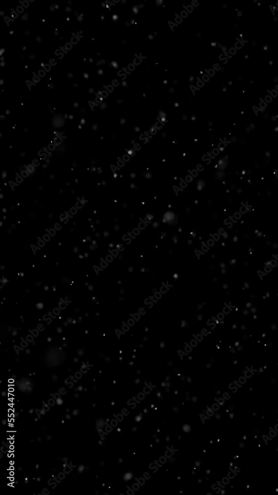 Poster black background with looped realistic snowfall. copy space vertical animation.