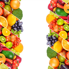 vegetables and fruits isolated on white background. Collage. Free space for text.