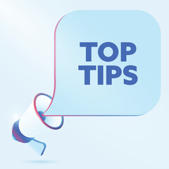 Top tips text with 3d realistic megaphone vector illustration. Banner template to announce news about webinar in social media, training course, marketing technology poster