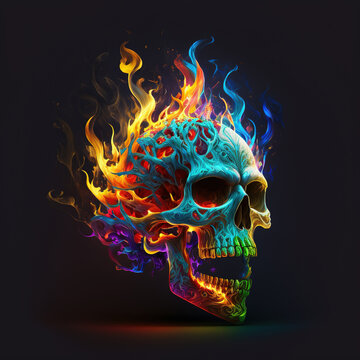 human skull with a skull Skull in flames due to the harm of smoking, good to use as an illustration on a t-shirt or jacket