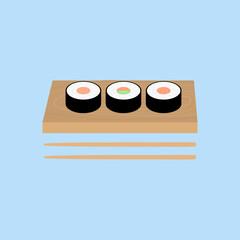 Sushi on wooden board and chopsticks. Flat vector illustration. Traditional Japanese food with caviar, salmon and cucumber