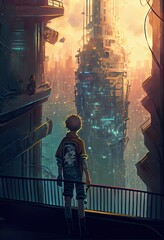 Fototapeta na wymiar A boy in a science fiction city