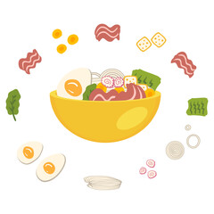 Tonkotsu asian food ramen soup recipe ingredients. Perfect for tee, stickers, menu and stationery. Vector illustration for decor and design.