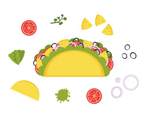 Cheese and olives mexican fastfood taco recipe ingredients. Perfect for tee, stickers, menu and stationery. Isolated vector illustration for decor and design.