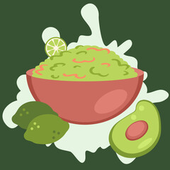 Flat style bowl with delicious guacamole mexican spicy sauce. Perfect for tee, stickers, menu and poster. Isolated vector illustration for decor and design.