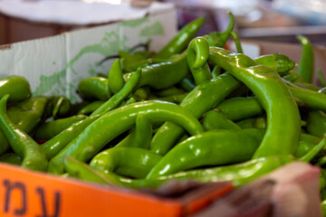 Hot Pepper
Green hot pepper
close up view of a pile of green chili pepper in harvest season placed in a market or bazaar for sale