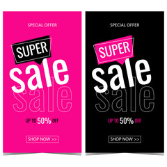 Sale and discount banner for shopping season promotion. Up to 50 percent discount and special offer announcement. Vector sale poster, flyer, brochure or booklet in flat style. Ready to print.