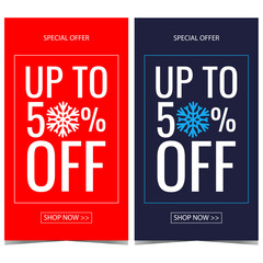 Sale banner or poster for winter discount season. Vector illustration in flat style with snowflake on red or blue background suitable for winter holidays price reduction promotion.