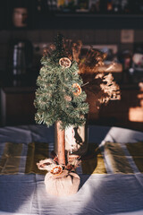 There are Christmas decorations on the table, a Christmas tree, a vase, dry flowers, in the kitchen in winter.