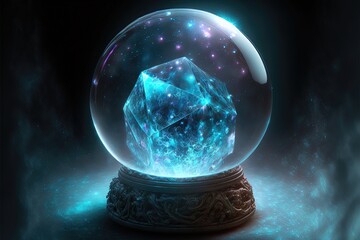 Magic crystal glass ball. Neon light, neon. Fantasy ball, predictions of the future, divination. AI