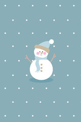 Merry Christmas postcard with cute character snowman in scarf and hat flat style. on blue background