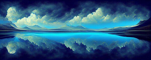 surreal landscape painting in electric blue, created with Generative AI