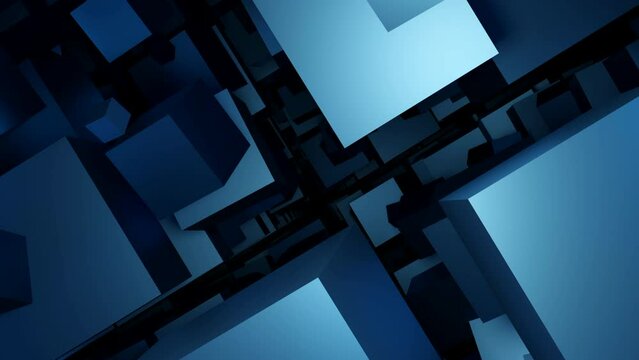 Lots of moving cubes in space. Design. 3D cubes move in stream on black background. A lot of 3d cubes are flying in stream