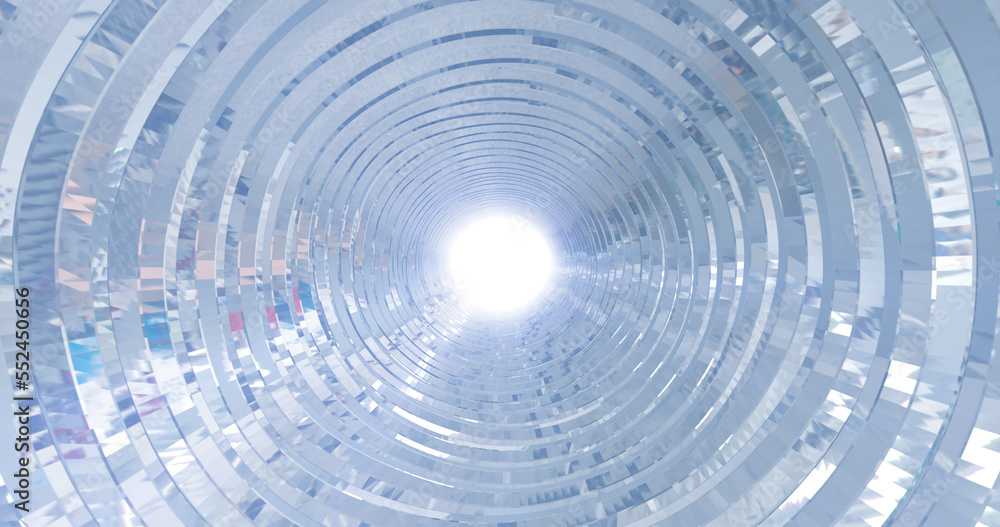 Poster a rotating silver metal chrome shiny tunnel with walls of ribs and lines in the form of a circle wit